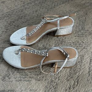 Badgley Mischka silver block heel crystal pearl sandals